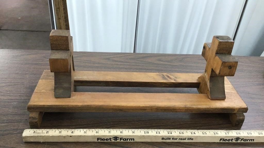 Wooden book shelf w/built in cross bookends