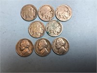 Eight mixed Buffalo and Jefferson nickels