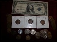 $1 Silver Cert/Steel Cent/Wheaty's 1919, 1921-S +