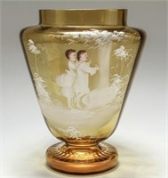 Mary Gregory Yellow Glass Urn Vase, Hand-Painted