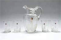 Mary Gregory Glass Pitcher & 4 Tumblers