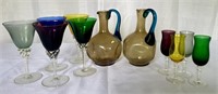11 Art Glass Barware Pieces incl Wine Glasses