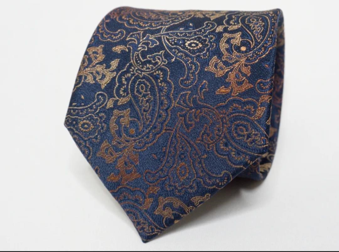 Navy Blue Tie Gold Paisley Necktie Men's Slim