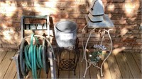 2 flower metal stands, ceramic flower pot, and a