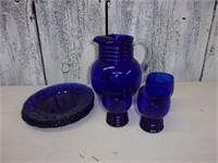 Vintage Cobalt Blue Pitcher, Plates, Cups