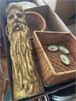 Box of glassware,baskets and a painted wall piece