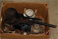 Box lot w/ various brass and iron items