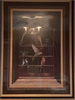 Large print of birds in a cage