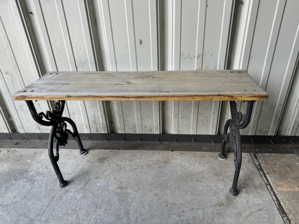 OUTDDOOR BENCH WITH WROUGHT IRON LEGS