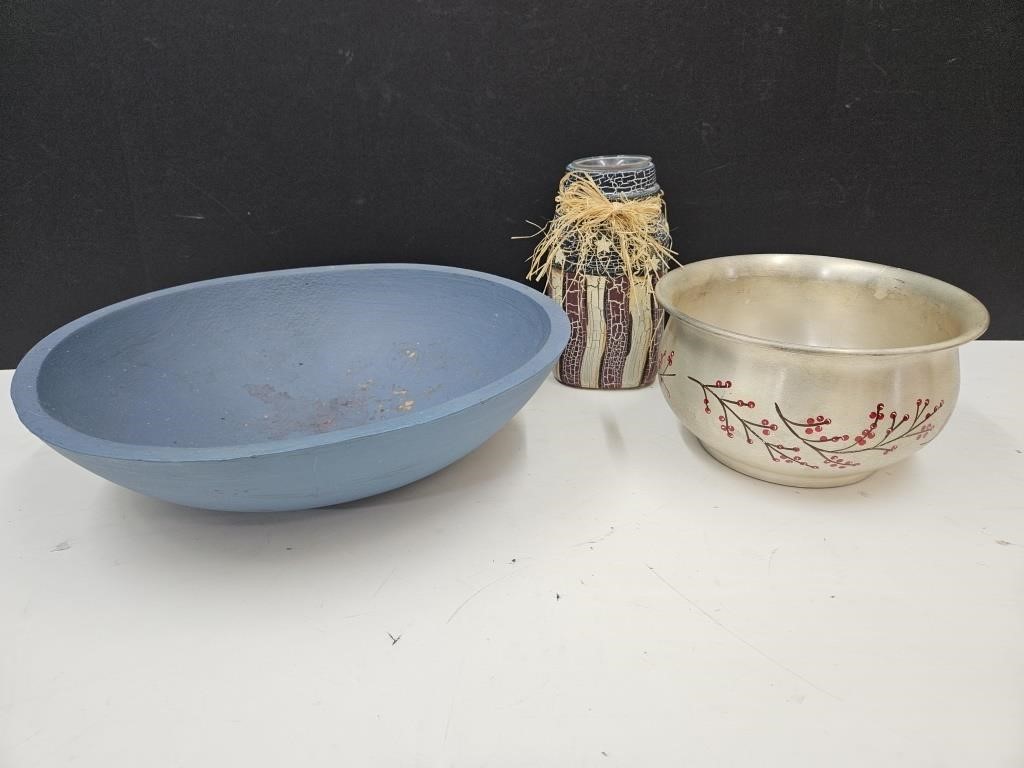 Primitive Wood Bowl 13" w, Americana Jar & Alum
