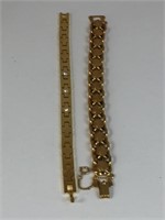 TWO GOLD TONE BRACELETS ONE WITH RHINESTONES