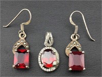 Sterling Silver Pendant & Earrings set w/red