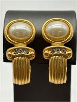 1980's Satin Gold Tone Faux Pearl Earrings