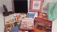 Box Of Assorted Cookbooks, Bookends, Pen Tray