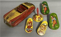 Tin Litho Noisemakers & Toy Car Lot