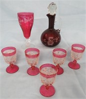 7 PC CRANBERRY GLASS WINE GOBLETS & DECANTER