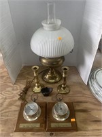 Vintage Rayo lamp, brass candle stick holders,