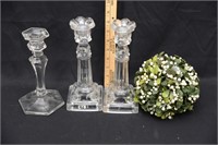 GLASS CANDLE HOLDERS AND GREENERY