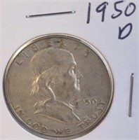 1950 D Benjamin Franklin Silver Half Dollar