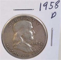 1958 D Benjamin Franklin Silver Half Dollar