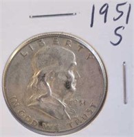 1951 S Benjamin Franklin Silver Half Dollar