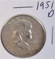 1951 D Benjamin Franklin Silver Half Dollar