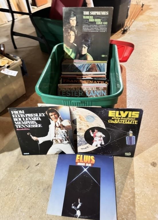 Plastic Tote with Vintage 1960s and 1970s Records