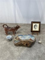 Vintage Ceramic Cow, Mini Bird Picture, Painted