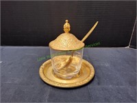 Community Gold/Glass Sugar Bowl, Spoon & Tray Set