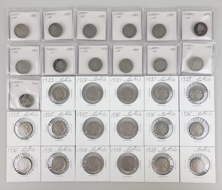 13 Liberty V Nickels & 17 Buffalo Nickels.