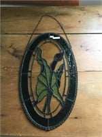 OVAL LEADED GLASS FLORAL WINDOW HANGING