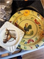 ROOSTER DECOR PLATE AND HORSE ASHTRAY