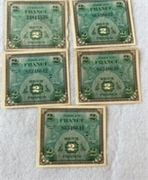 5 Bills, Émis En France each 1944, 2 Francs
