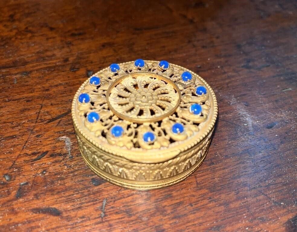 C. 1930 Jewel Brass Filigree Compact / Trinket