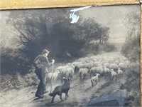 Pencil Style Hurding Sheep Picture in Gold Frame