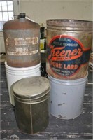 3 tin cans w/lids, metal gas can, Keener Lard can