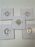 (5) Mercury Silver Dimes (2) 1945 (2) 1942 ;1943