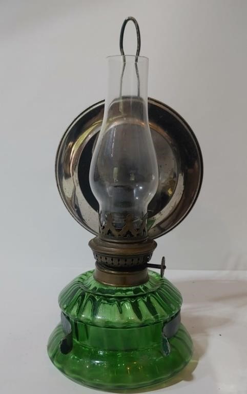 Vintage Green Glass Wall Mount Oil Lamp With