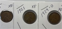 OF) (3)Lincoln wheat pennies 1920 XF 1921XF 1929-d