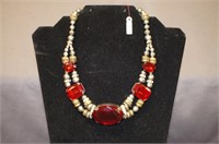 Vintage Estate Necklace With Large Ruby Red Stones