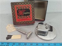 Antique Kriss Kross razor stropper with razor and