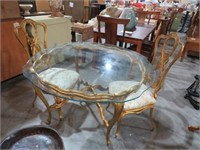 MCM STYLE GLASS TOP GOLD METAL TABLE W/ 2 CHAIRS