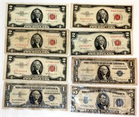US Currency - Blue & Red Seal $1, $2 & $5