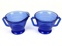 Blue Glass Creamer & Sugar Caddy