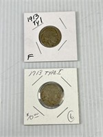 (2) Buffalo Nickels 1913 Type 1
