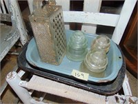 Enamelware, insulators, Grater