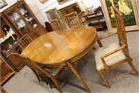 7pc Cherry Rattaan Table w/ 6 chairs, 2 leafs