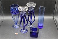 Blue Glass Candle Holders and Vase