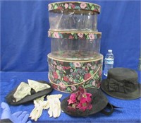 3 vintage ladies' hats -pair of gloves -stackable