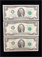 Three Consecutive Uncirculated 1976 $2 Notes